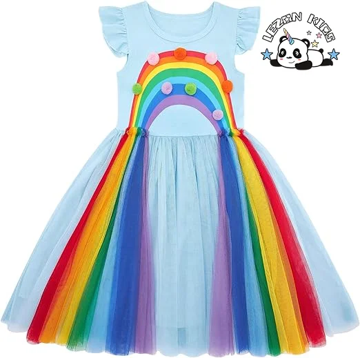 LEZONKIDS - OEM Customizable Tulle Lace Dress Colorful Small Balls Short Sleeve Layered Ruffles Kids Girls Dresses for 2-14Y Children
